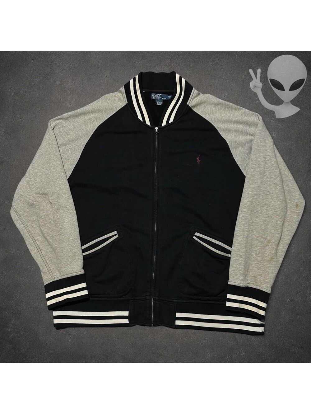 Polo Ralph Lauren Full Zip Varsity Jacket Mens 2XB Black Gray Sweatshirt